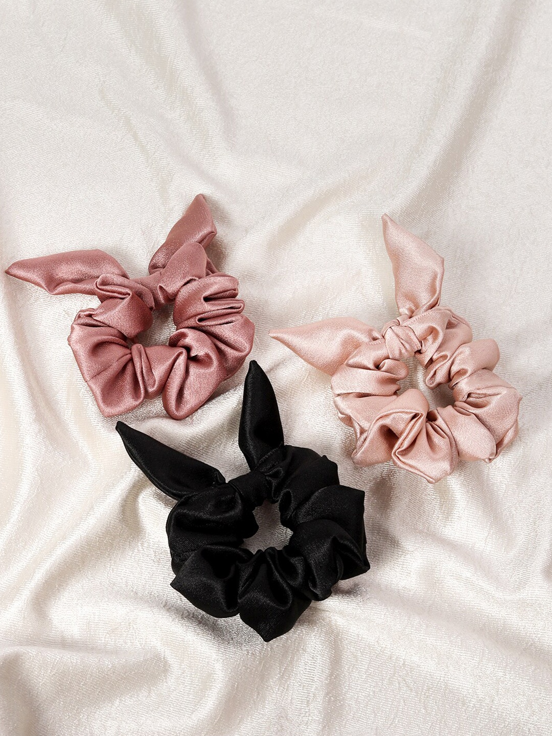 

Mueras Women Rose Gold & Black Set of 3 Bow Tie Knot Scrunchies