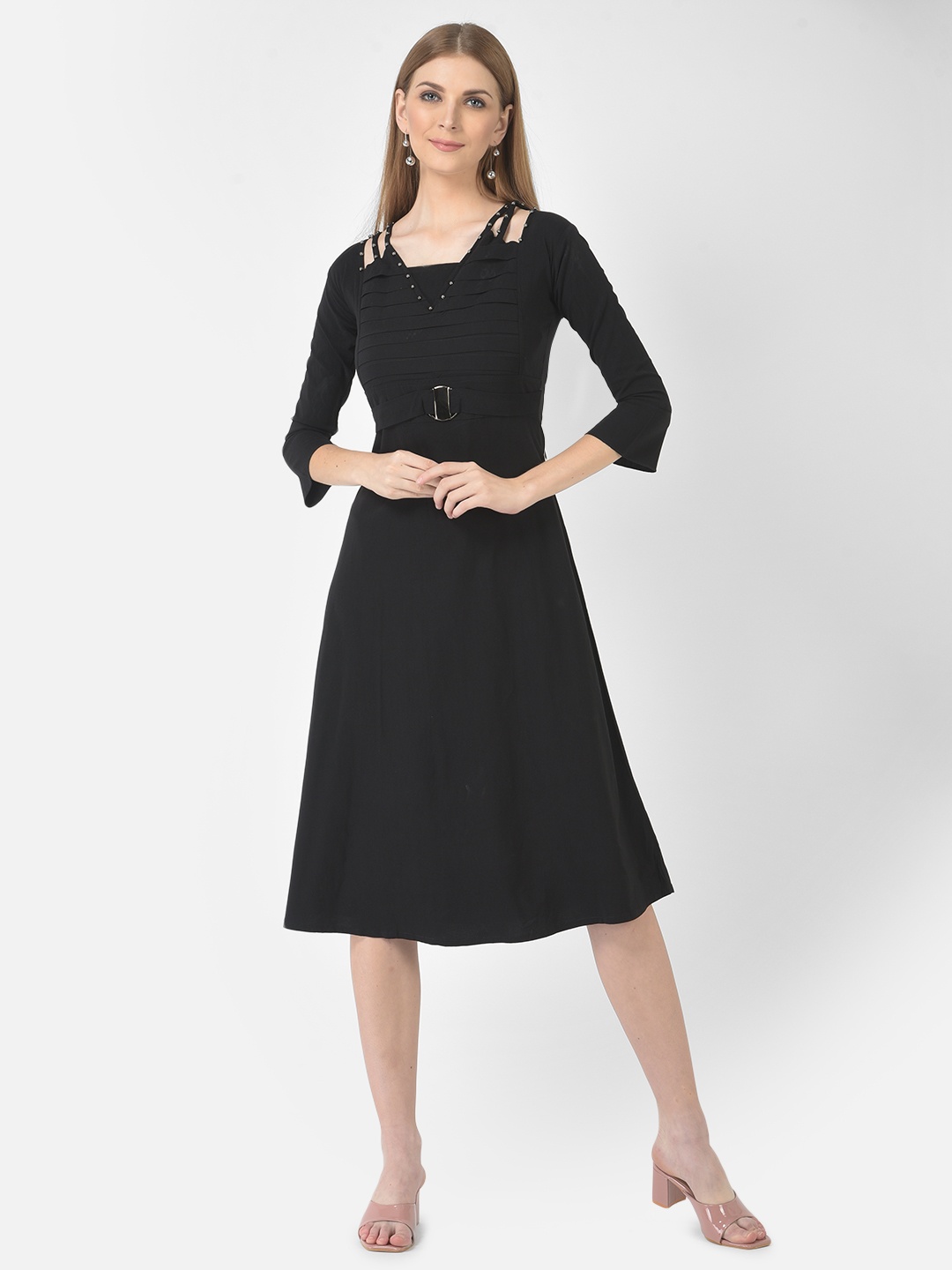 

FNOCKS Women Solid Cotton A-Line Dress, Black