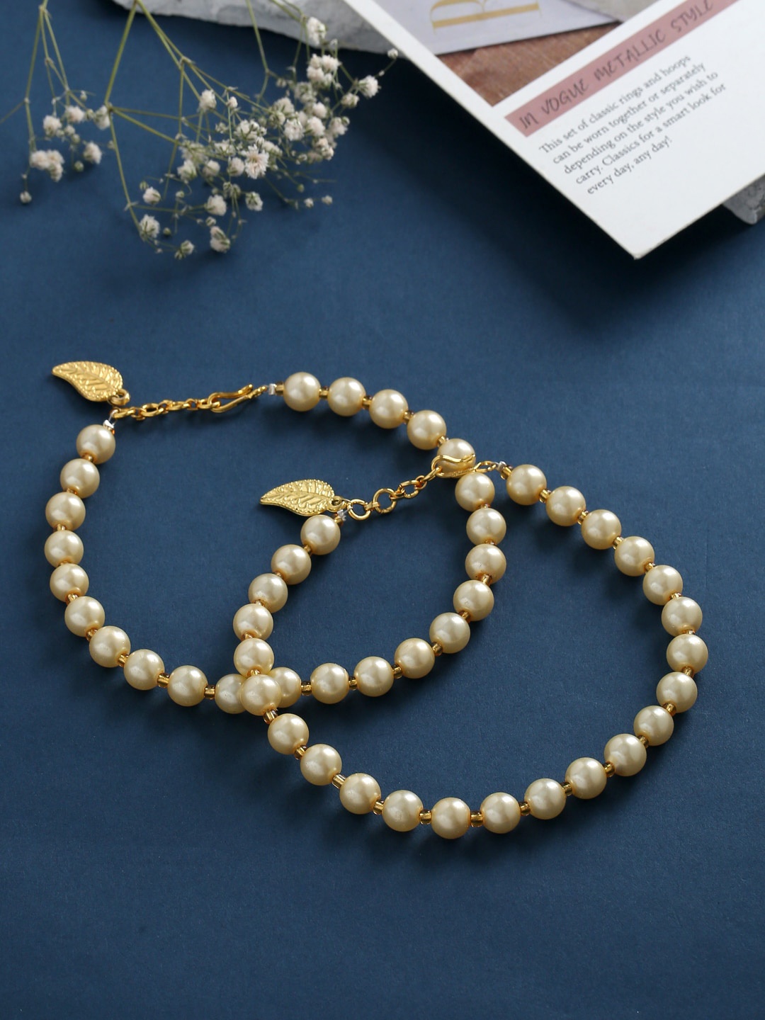 

VIRAASI Set of 2 Gold-Plated White Pearl Beaded Anklets