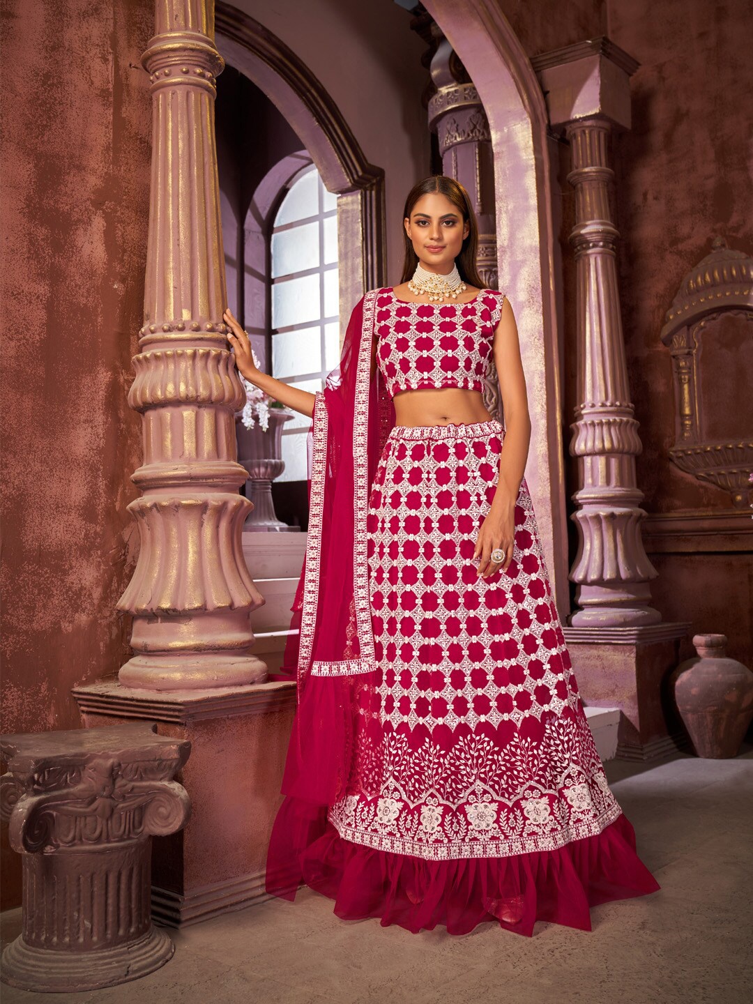 

Pandadi Saree Pink & White Embroidered Thread Work Unstitched Lehenga & Semi-Stitched Blouse With Dupatta