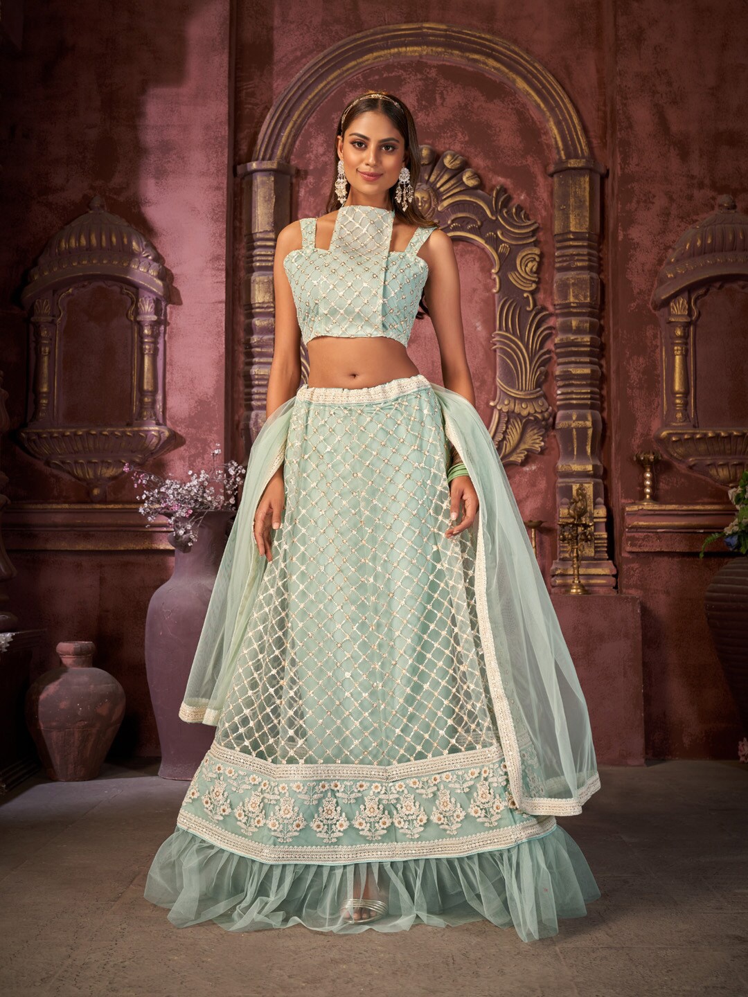 

Pandadi Saree Blue & White Embroidered Sequinned Unstitched Lehenga & Semi-Stitched Blouse With Dupatta