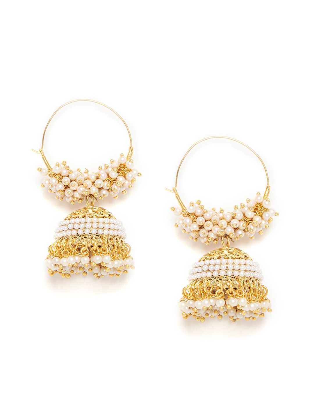 

Bamboo Tree Jewels Gold-Toned & White Dome Shaped Jhumkas Earrings