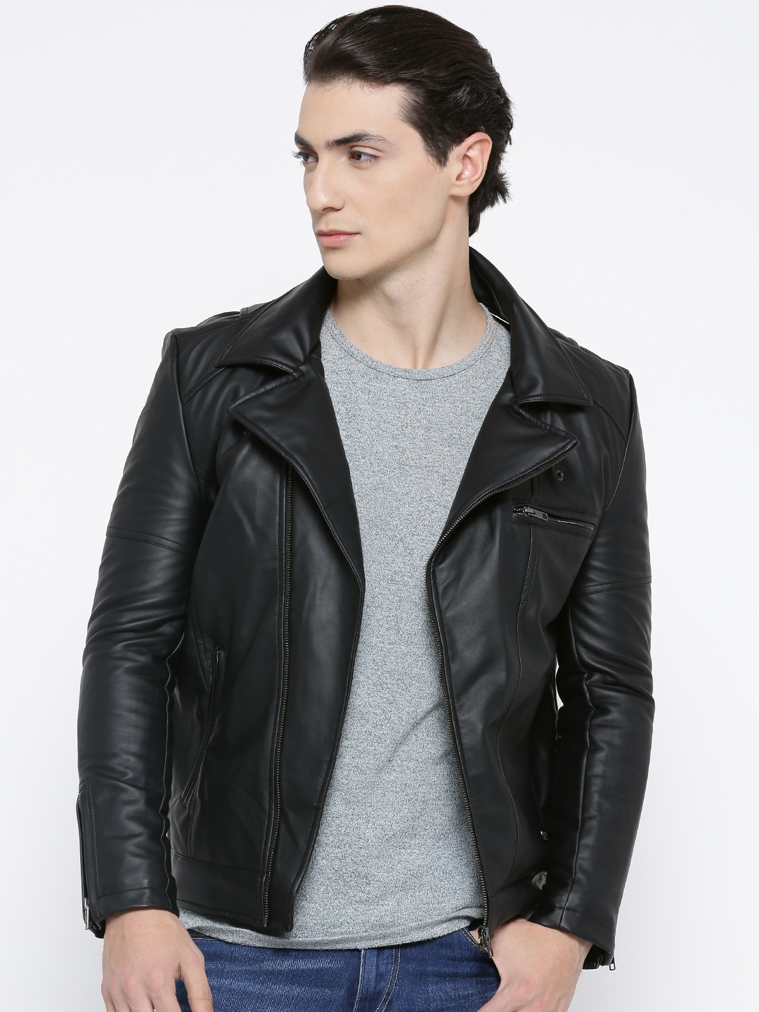 

Roadster Men Black Solid Asymmetric Closure Biker Jacket