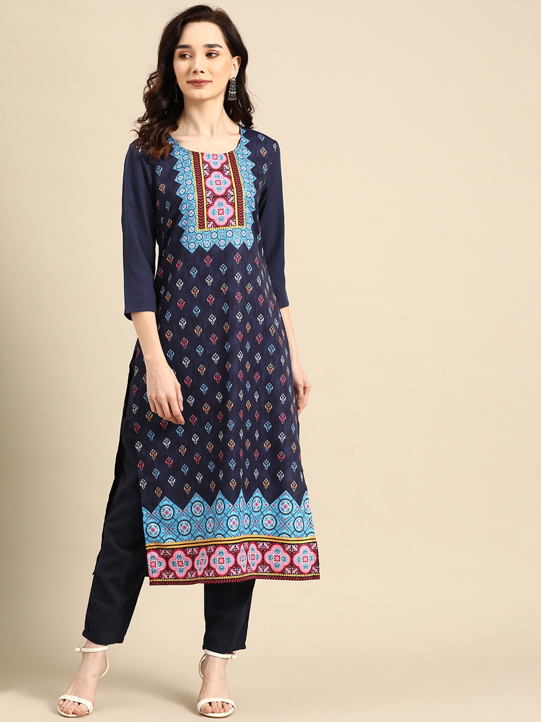 

all about you Women Navy Blue Ethnic Motifs Printed Crepe Kurta