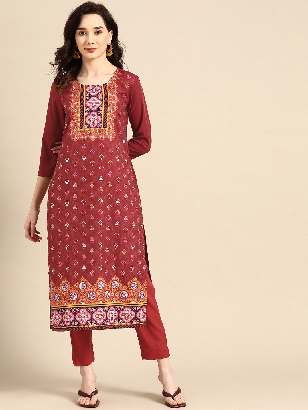 

all about you Women Maroon & Pink Ethnic Motifs Printed Crepe Kurta
