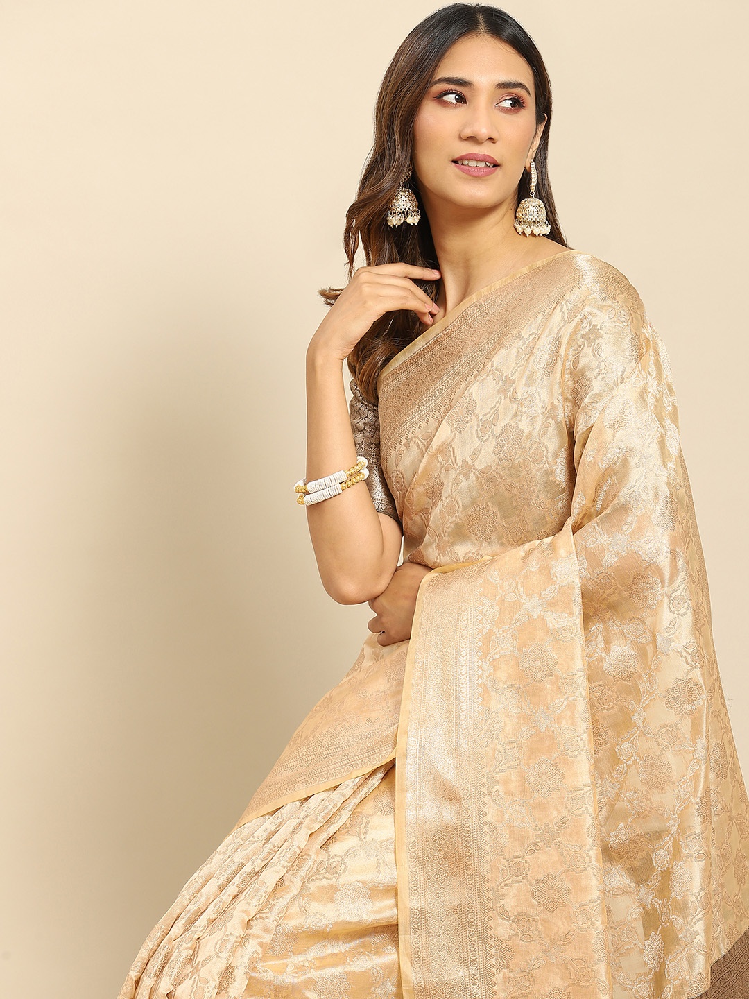 

all about you Beige & Taupe Ethnic Motifs Zari Organza Kanjeevaram Saree