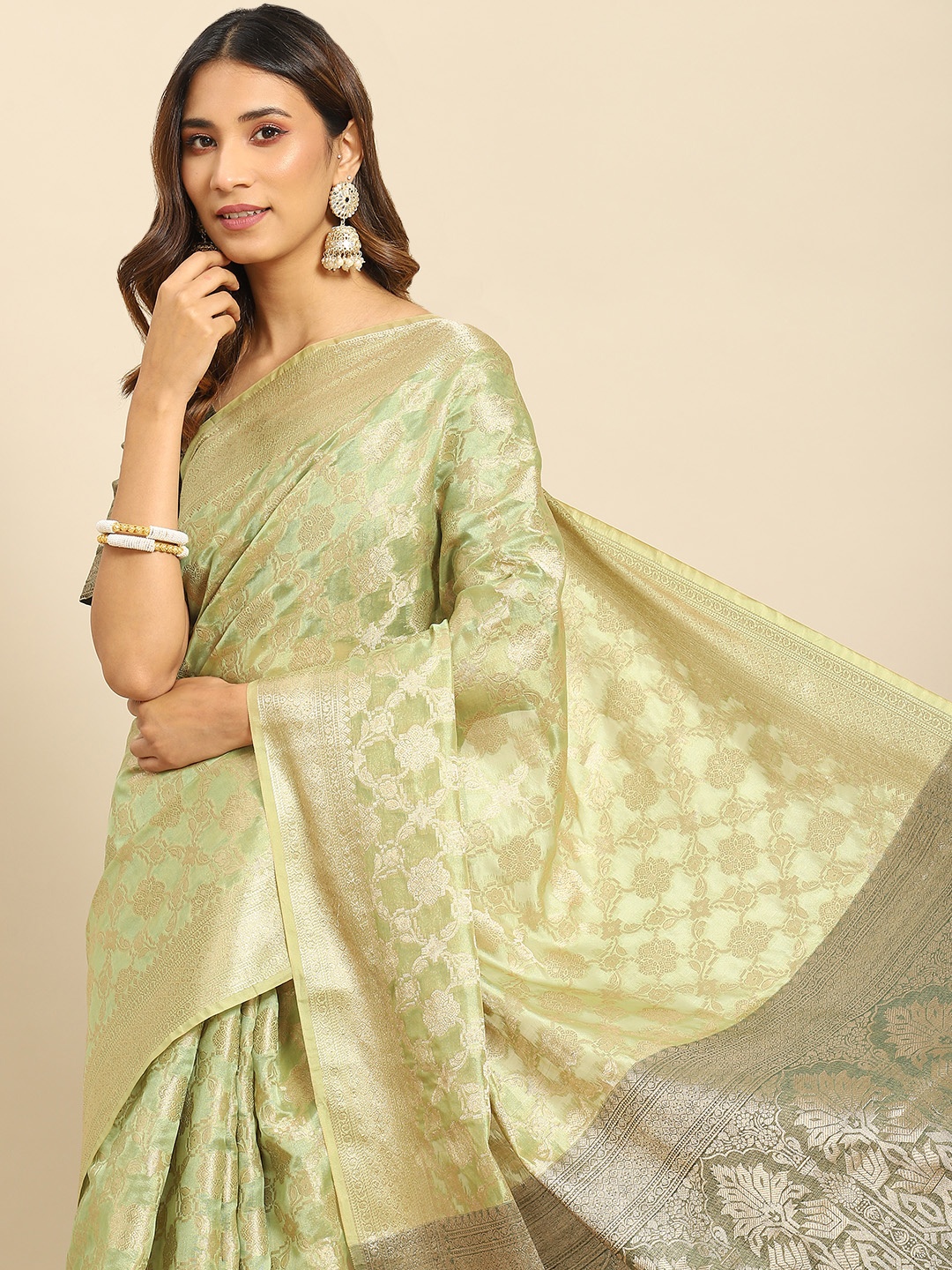 

all about you Green & Gold-Toned Ethnic Motifs Zari Organza Kanjeevaram Saree