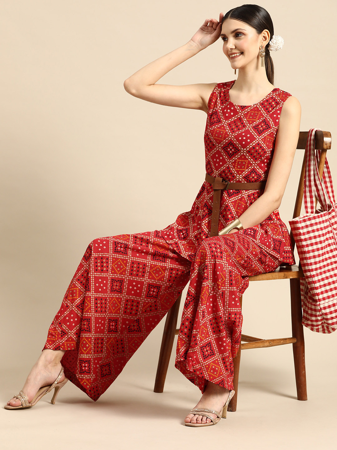 

Sangria Women Red Bandhani Printed Kurta with Palazzos
