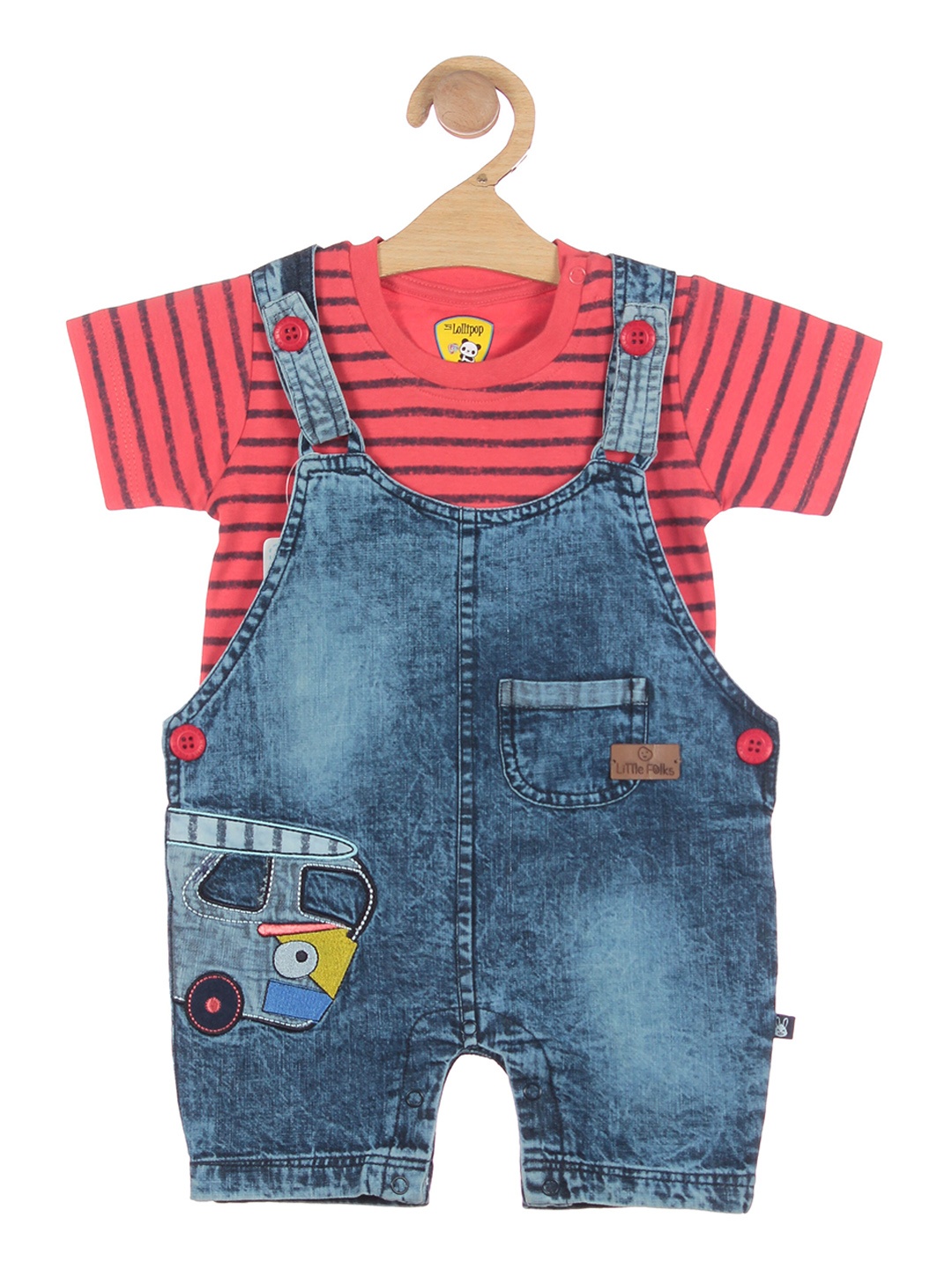 

Lil Lollipop Infant Blue & Red Solid Denim Straight Leg Fit Dungaree With T-Shirt