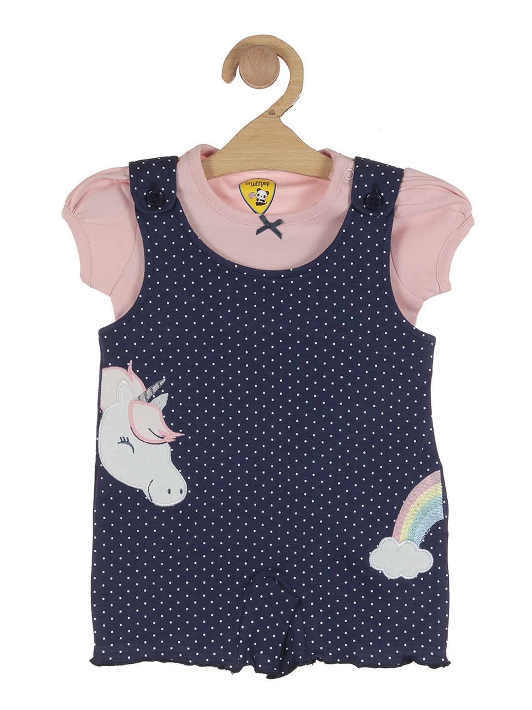 

Lil Lollipop Kids Blue & White Polka Dot Printed Cotton Dungarees