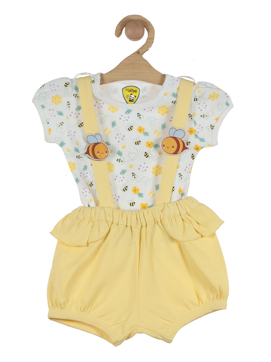 

Lil Lollipop Kids Yellow & White Cotton Printed Dungaree With T-Shirt