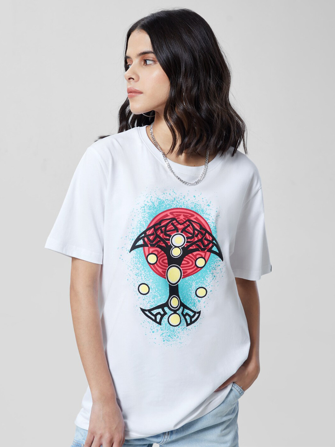 

The Souled Store Women White Printed Extended Sleeves Applique Loose T-shirt