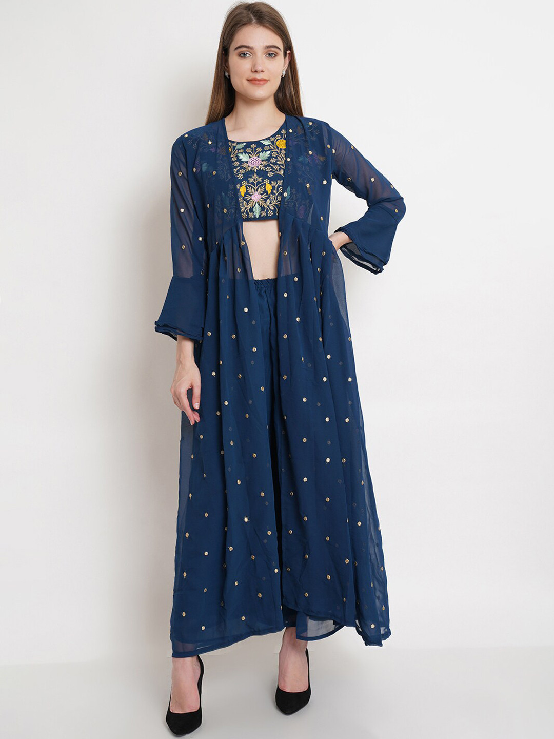 

Purple State Women Teal Ethnic Motifs Embroidered Top & Palazzos With Jacket