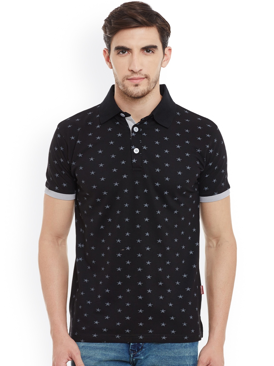 

Rodamo Men Black Printed Polo T-shirt