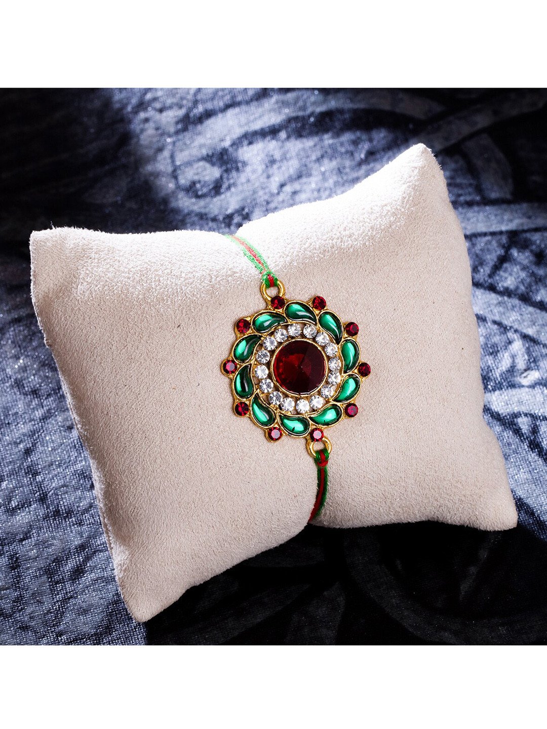 

Sukkhi Rakhi Gold-Plated Green & Red Floral Rakhi with Roli Chawal & Greeting Card