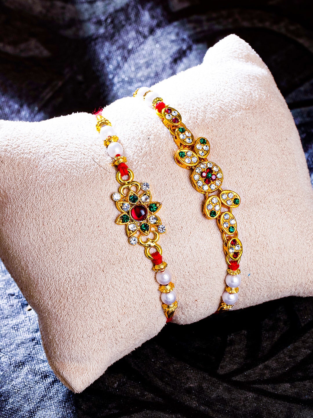 

Sukkhi Rakhi Set Of 2 Red & Green Gold-Plated Studded Rakhis