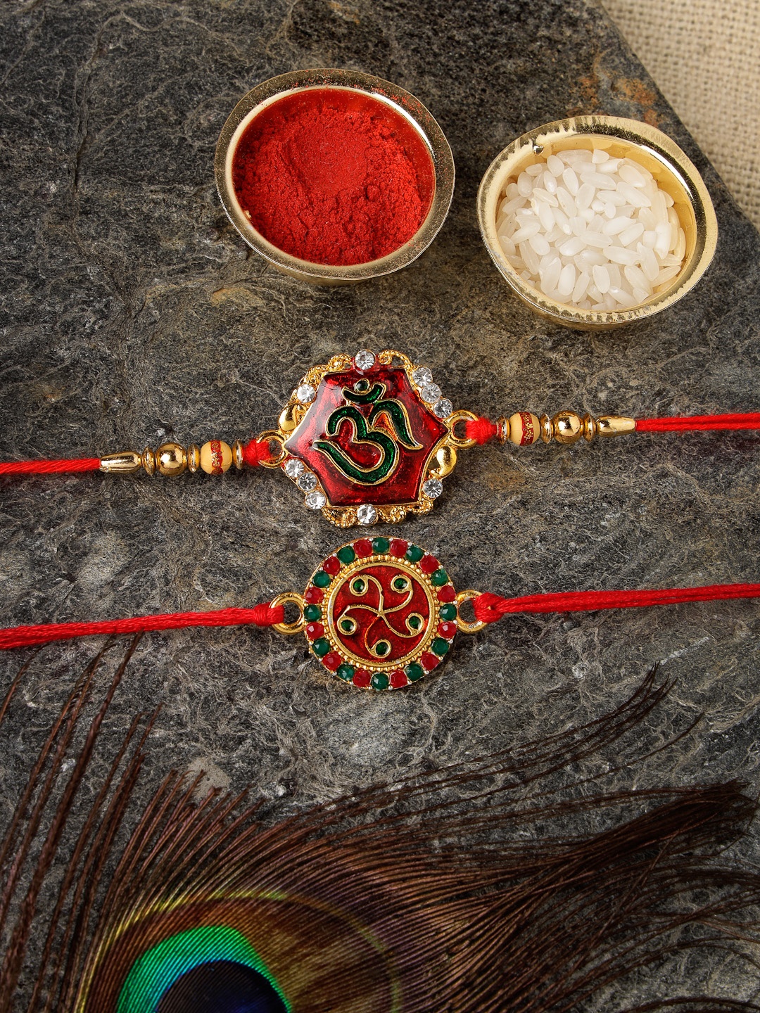 

Sukkhi Rakhi Red & Green Gold-Plated Om Studded Rakhi