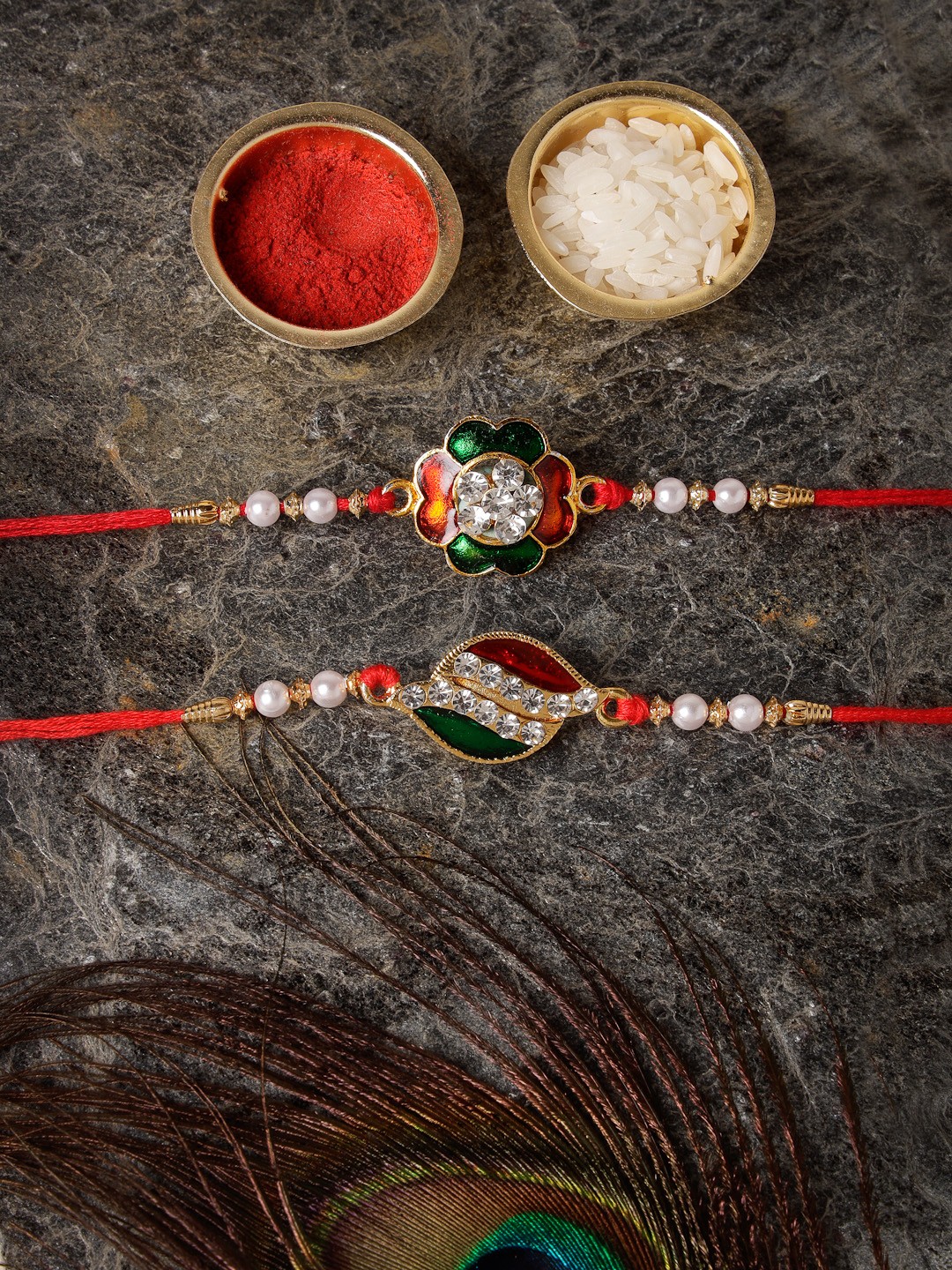 

Sukkhi Rakhi Men Pack of 2 God-Plated Stone Studded Meenakari Rakhi, Red