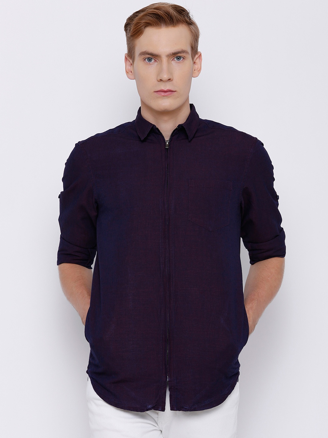 

LOCOMOTIVE Men Purple Slim Fit Full Zipper Casual Shirt