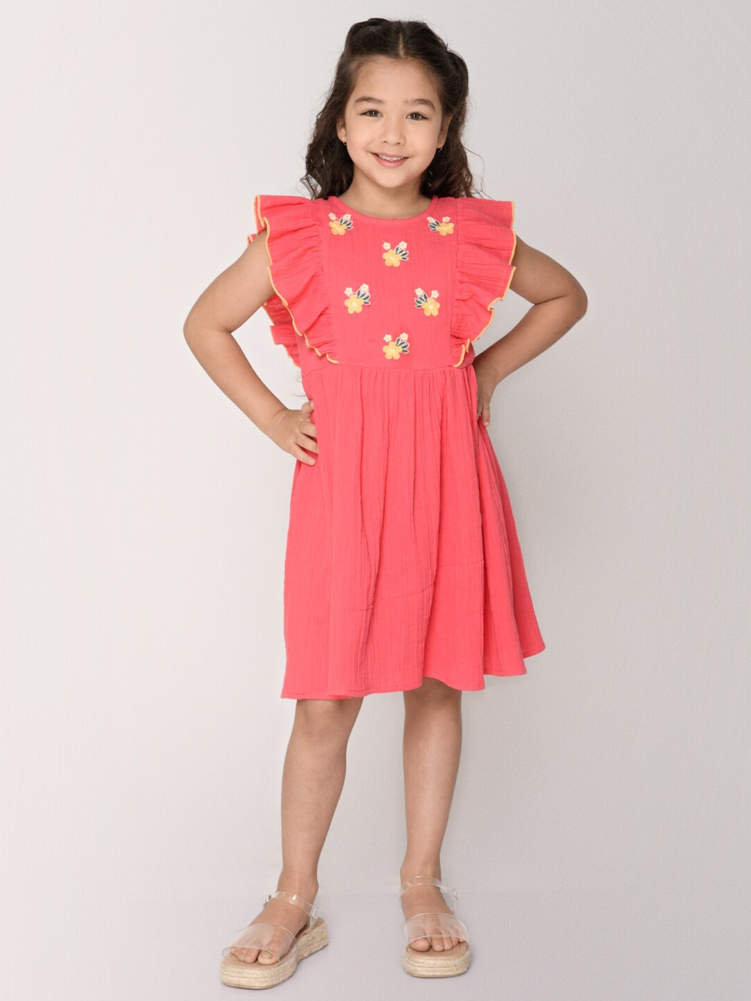 

Jade Garden Pink Floral Embroidered Organic Cotton Fit & Flare Dress