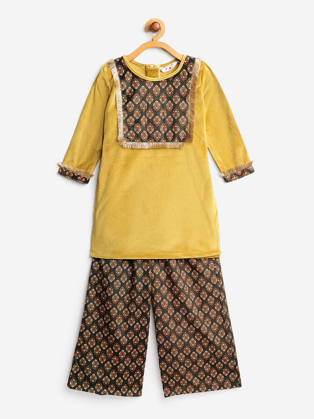 

Ahalyaa Girls Mustard Yellow Ethnic Motifs Velvet Kurti with Palazzos