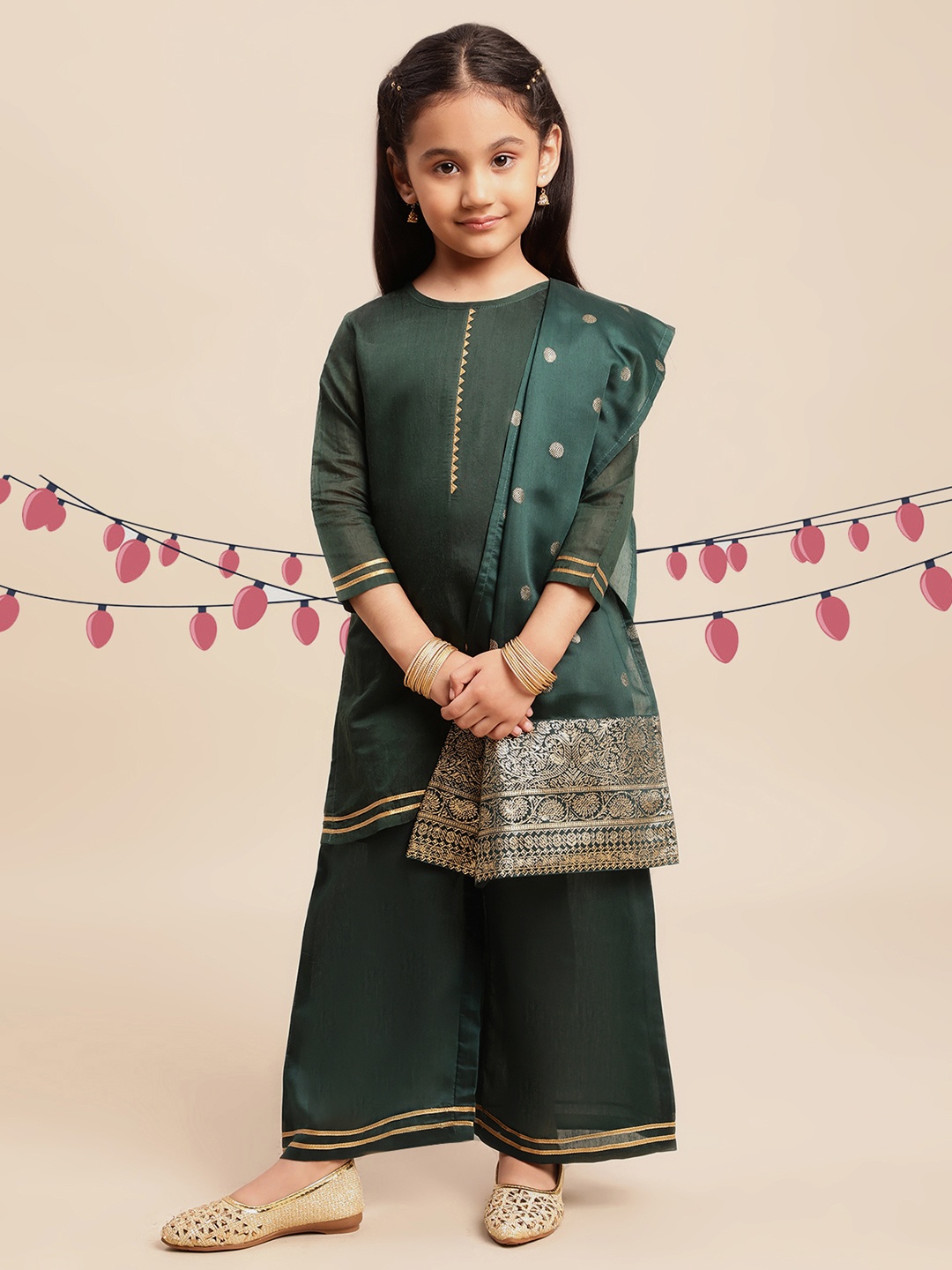 

Ahalyaa Girls Green Chanderi Silk Kurti with Palazzos & With Dupatta