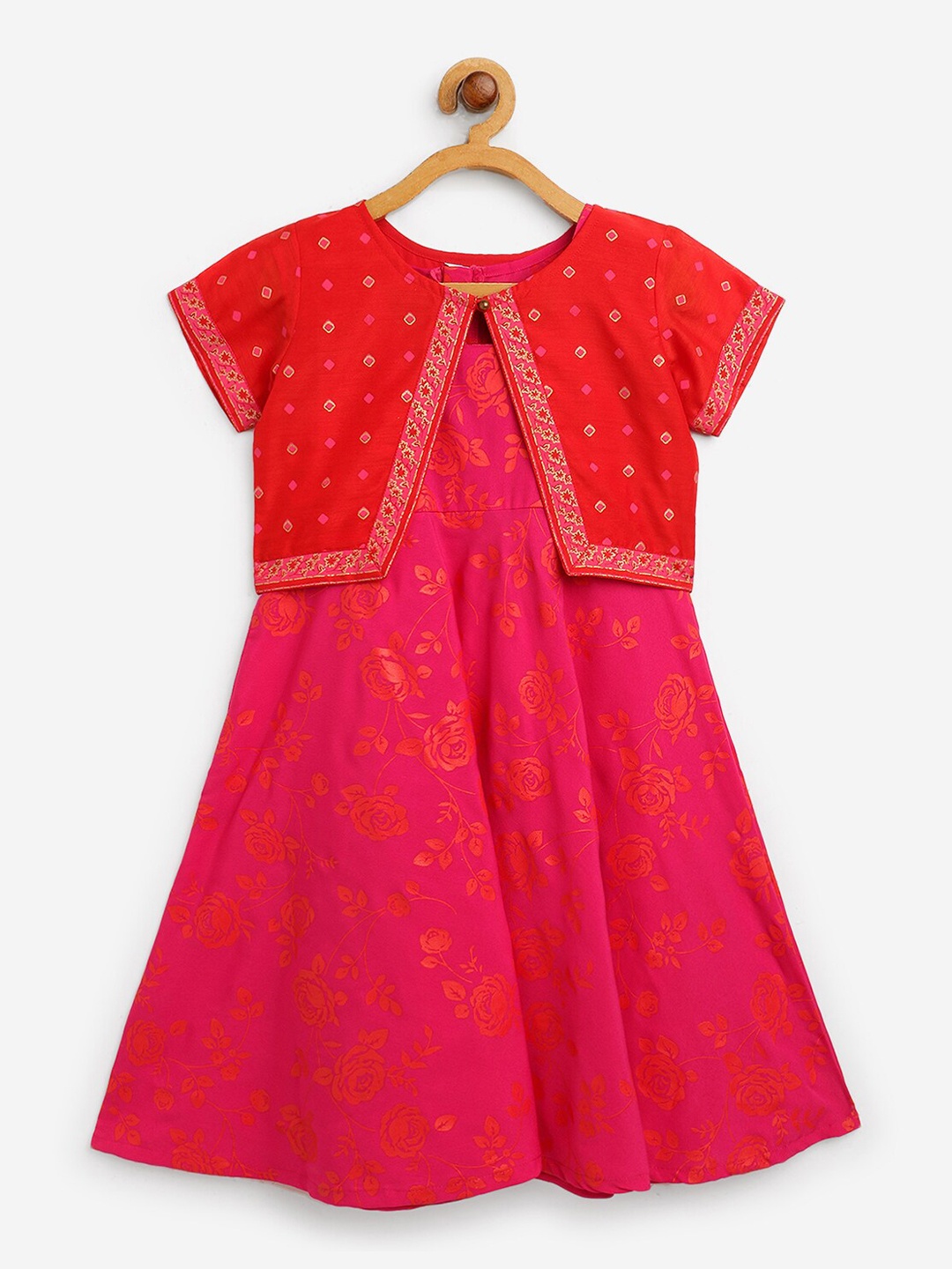 

Ahalyaa Girls Pink Ethnic Motifs Crepe Anarkali Kurta with Jacket