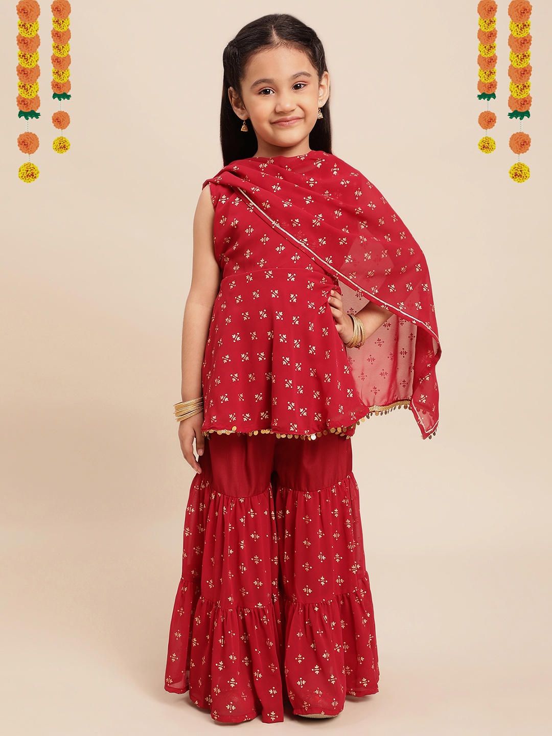 

Ahalyaa Girls Maroon Ethnic Motifs Kurti with Sharara & Dupatta