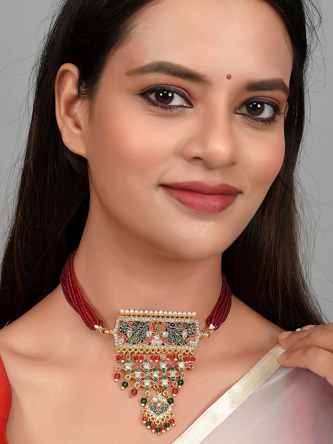 

Silvermerc Designs Gold-Toned & Red Brass Gold-Plated Meenakari Necklace