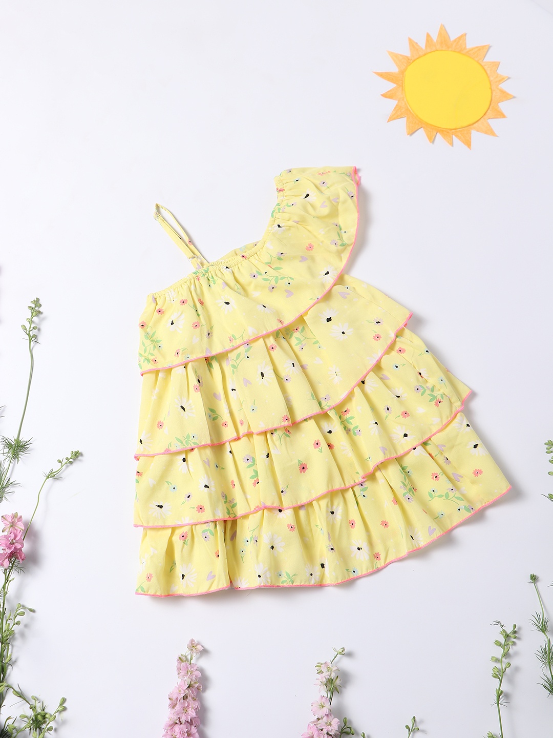 

Nauti Nati Girls Yellow & Pink Printed One Shoulder Crepe Dress