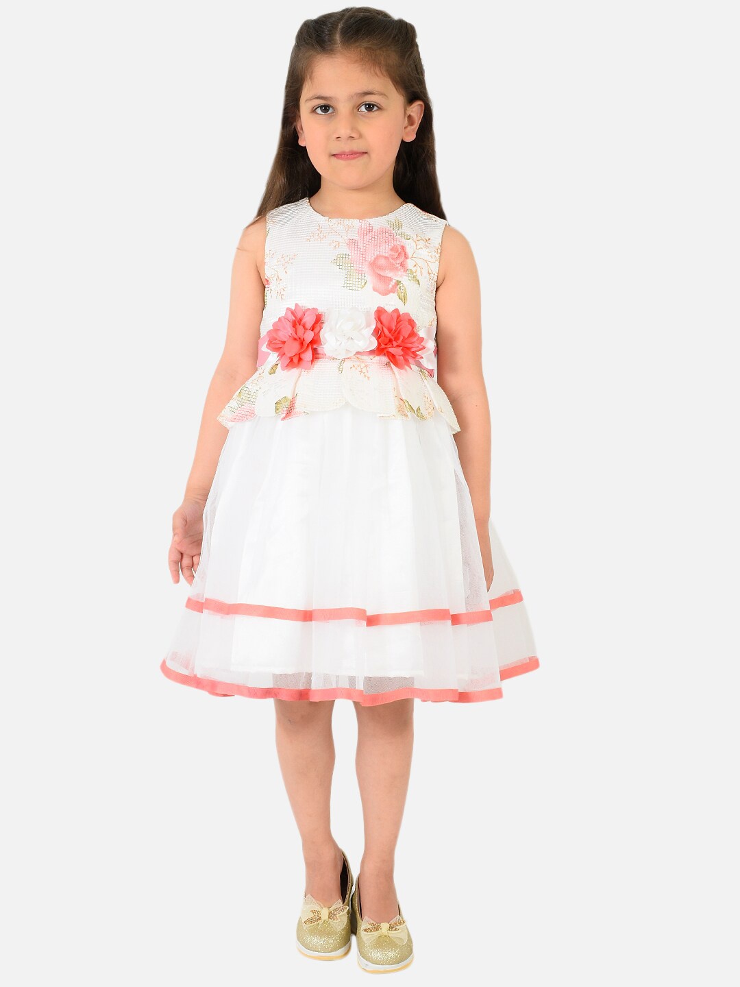 

Nauti Nati Girls White & Peach-Coloured Net Sleeveless Fit and Flare Dress