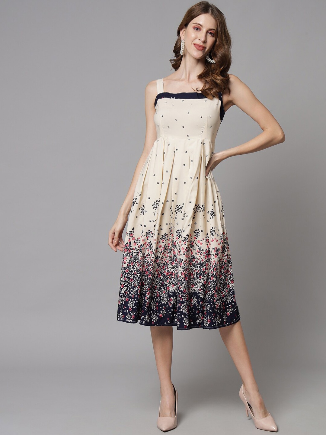 

emeros Beige & Pink Floral Crepe Midi Dress