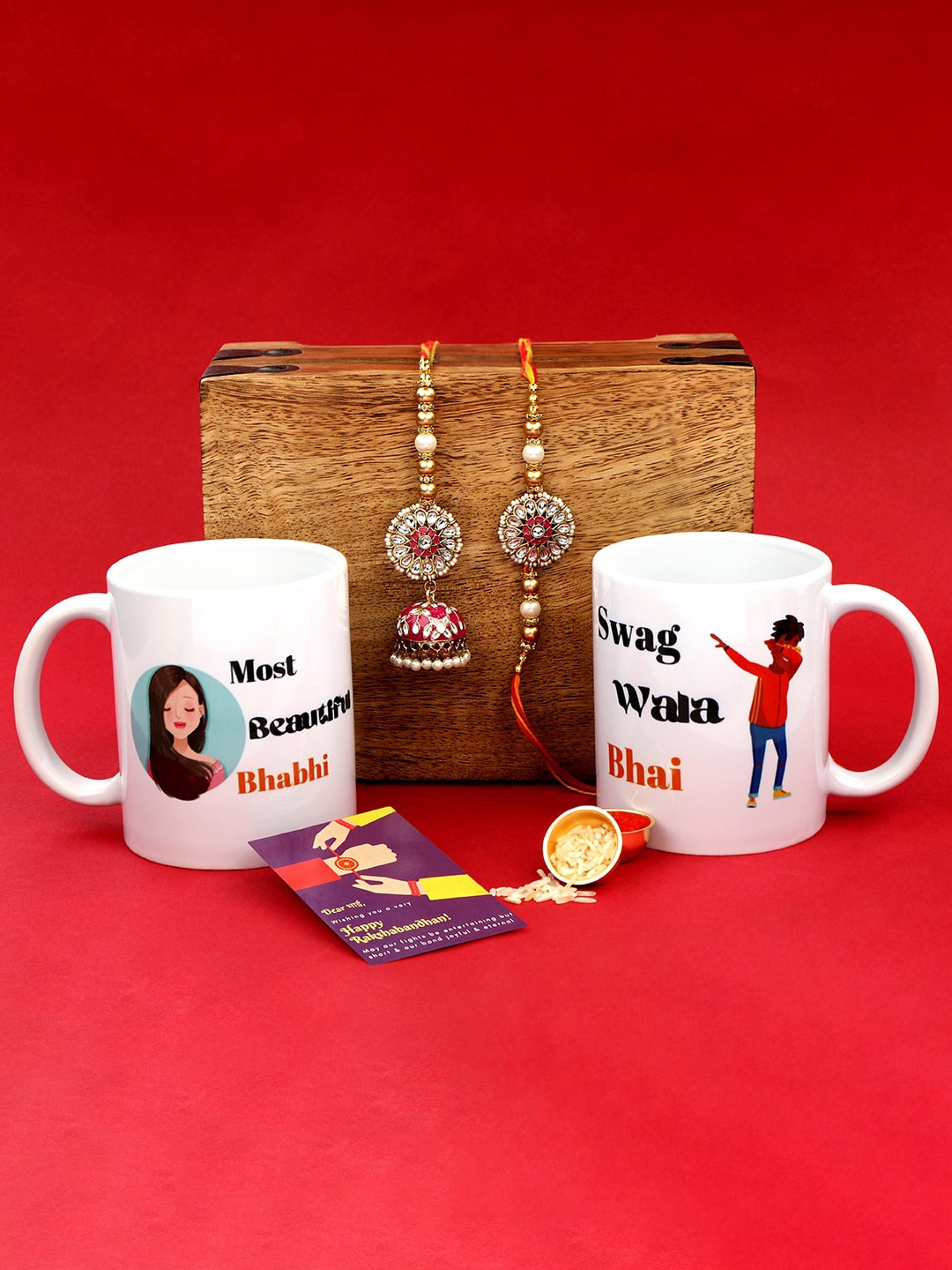 

AccessHer Set Of 2 Bhaiya Bhabhi Kundan Rakhi With Mugs & Greeting Card, White
