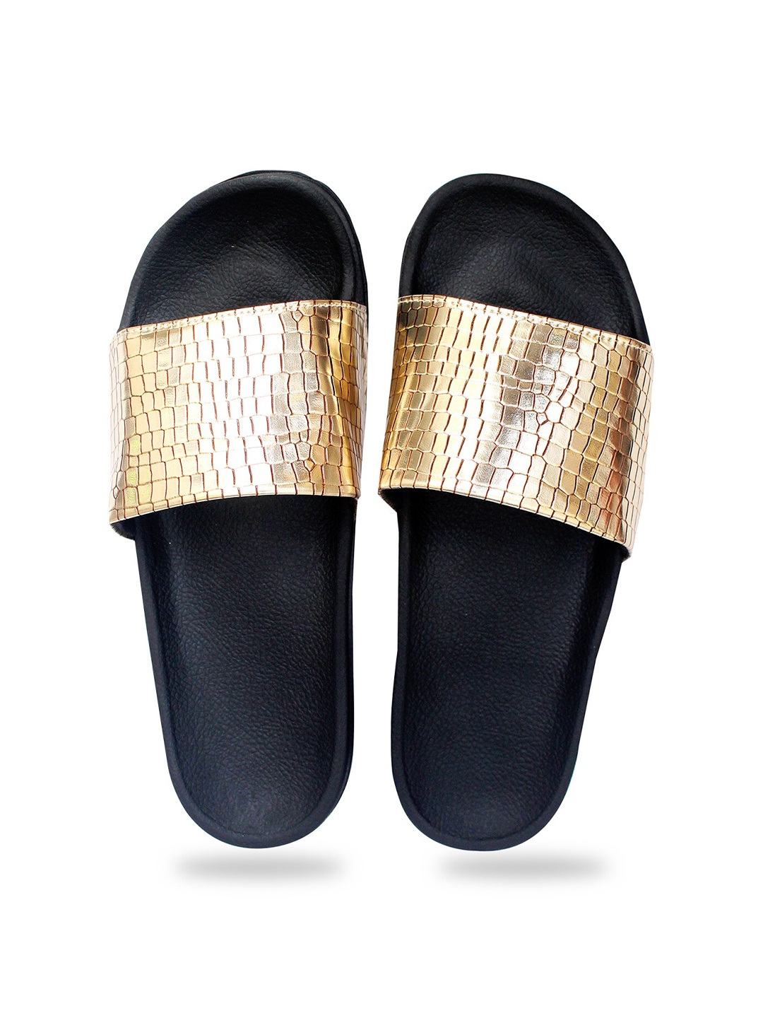 

ADIVER Women Gold-Toned & Black Embellished Sliders