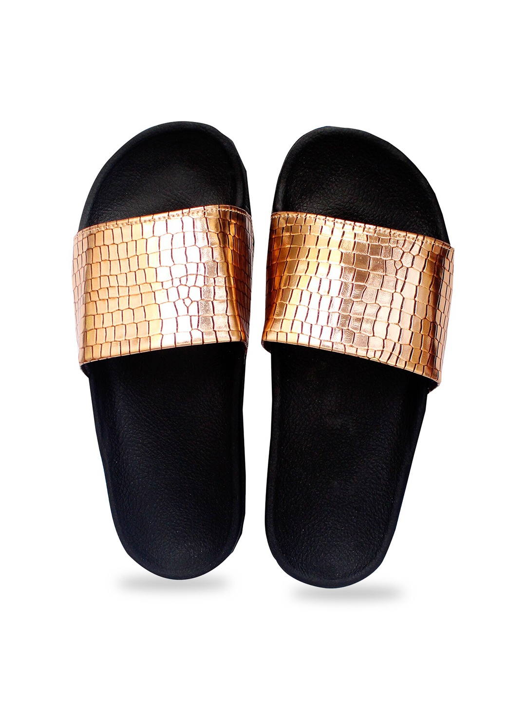

ADIVER Women Black & Gold-Toned Embellished Sliders