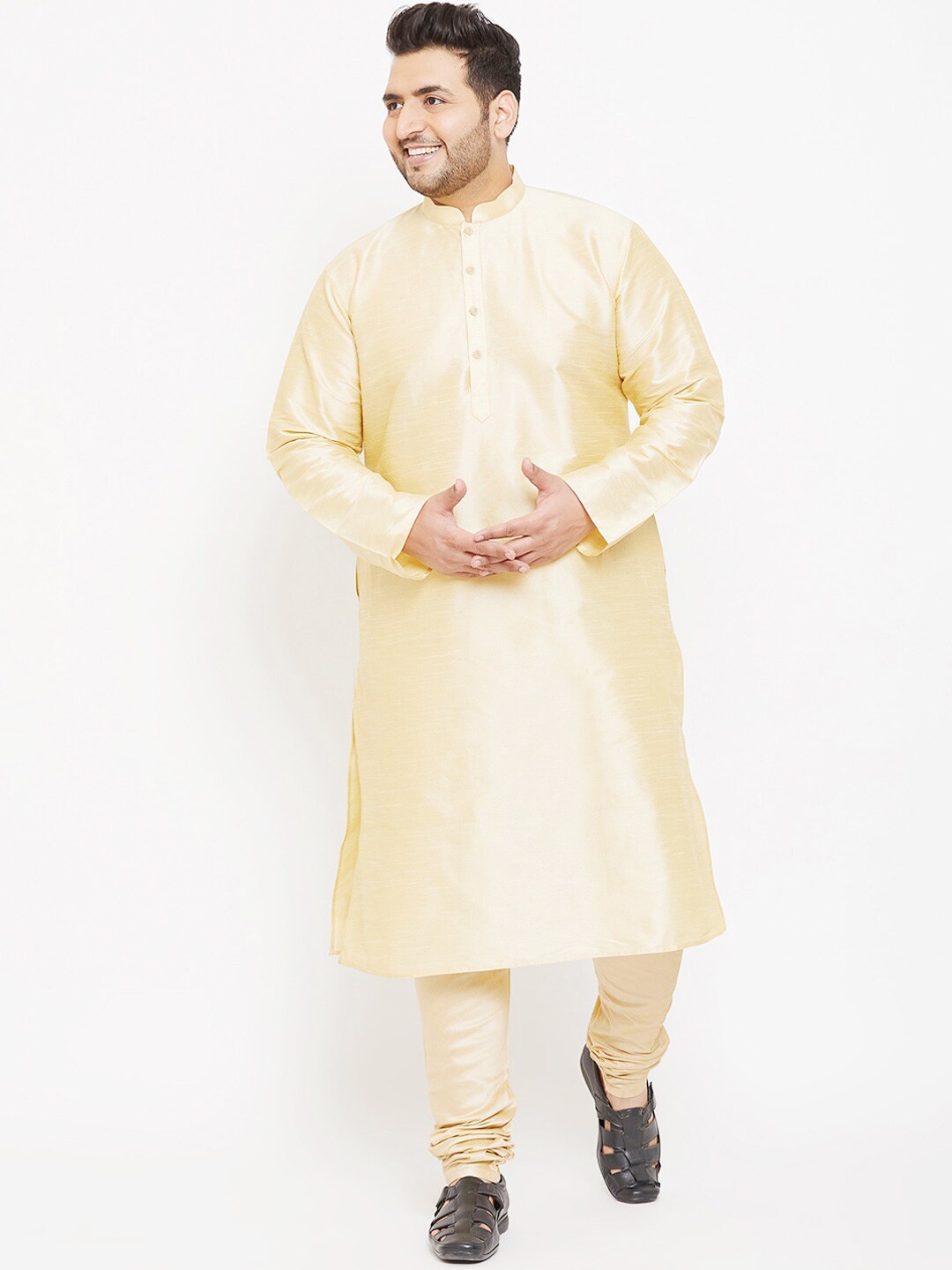 

SG LEMAN Plus Size Men Beige Raw Silk Kurta with Churidar