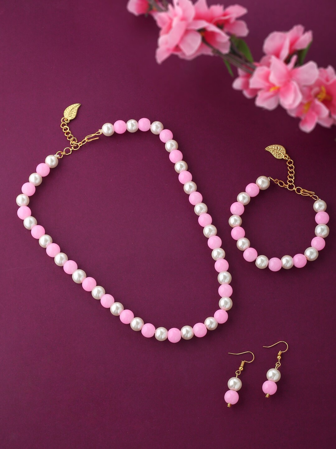 

VIRAASI Gold-Plated Pink & White Pearls Studded & Beaded Jewellery Set