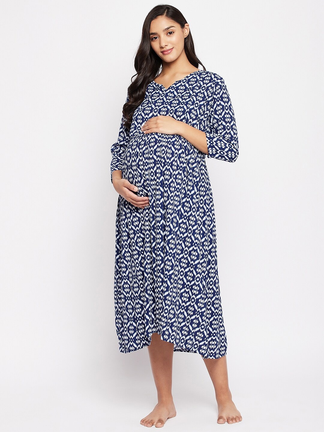 

Hypernation Blue Printed Maternity Dress with Feeding zips.