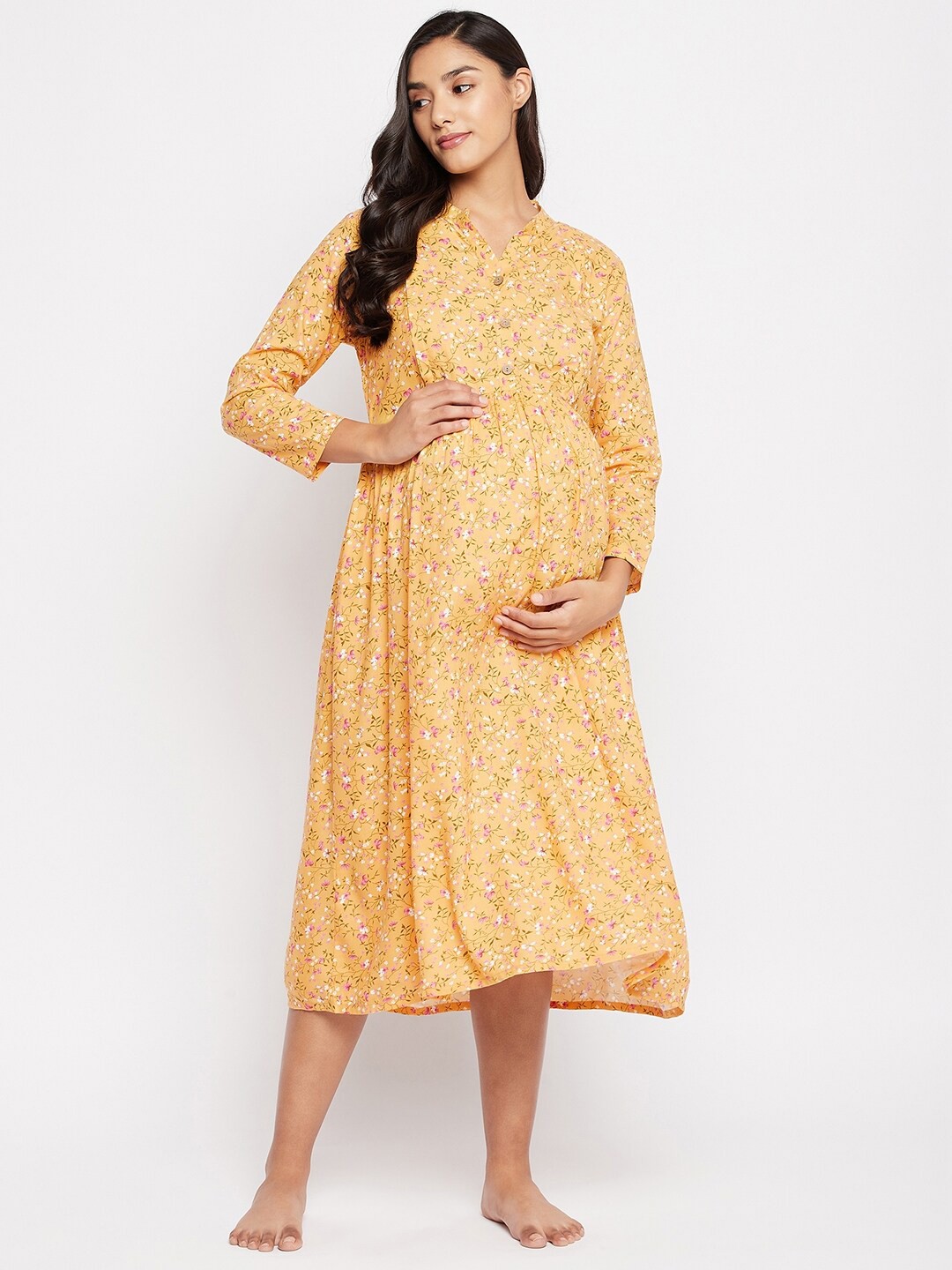 

Hypernation Women Maternity Yellow Printed Maternity Nightdress