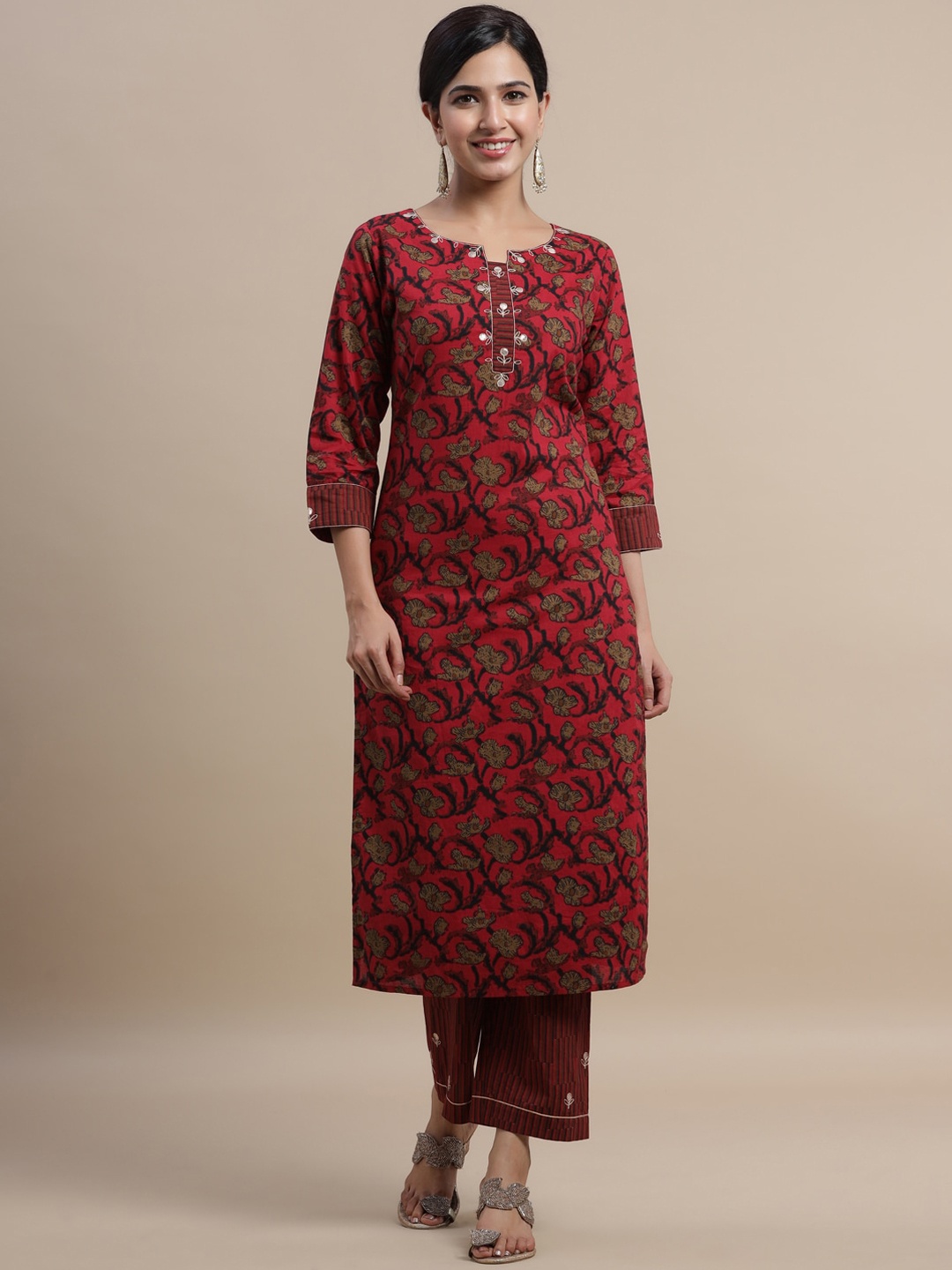 

Indian Virasat Women Red Floral Yoke Design Pure Cotton Kurti with Trousers