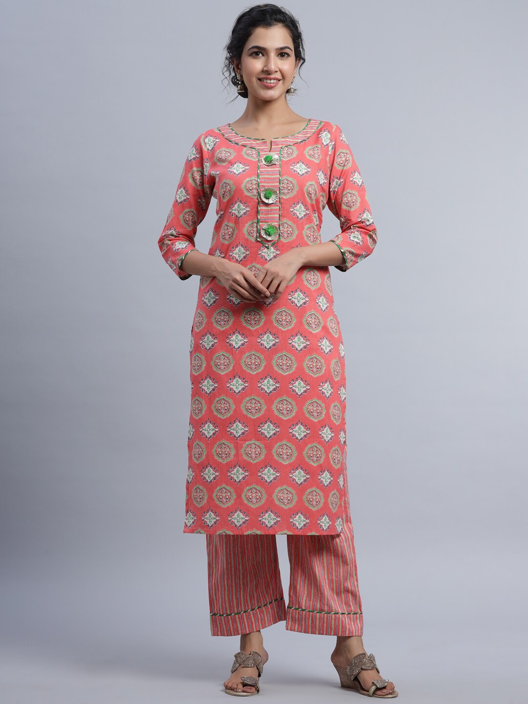 

Indian Virasat Women Peach-Coloured Floral Printed Pure Cotton Kurta with Palazzos