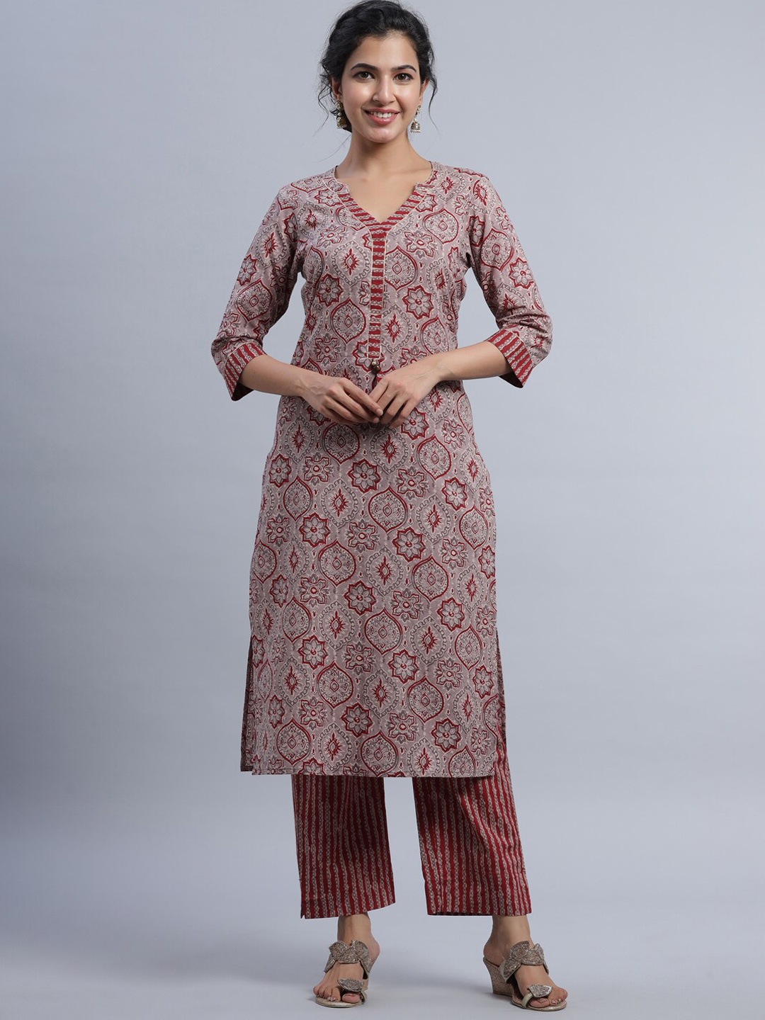

Indian Virasat Women Mauve Floral Printed Pure Cotton Kurta with Palazzos