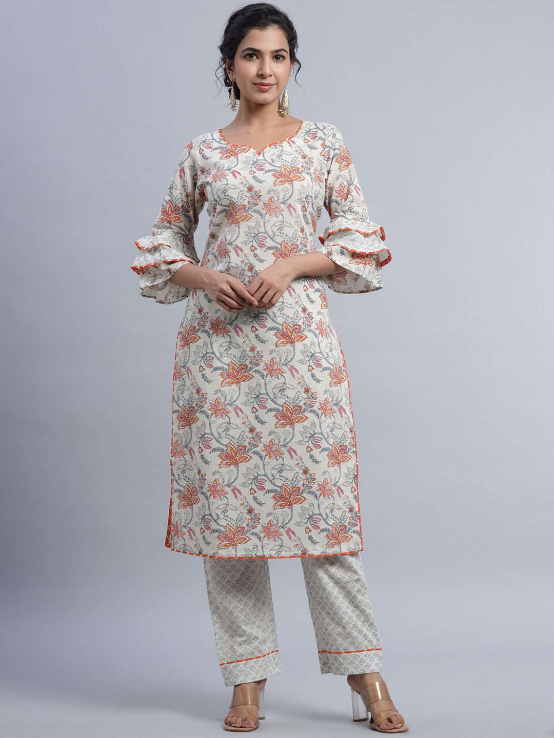 

Indian Virasat Women Off White Floral Printed Pure Cotton Kurta with Trousers