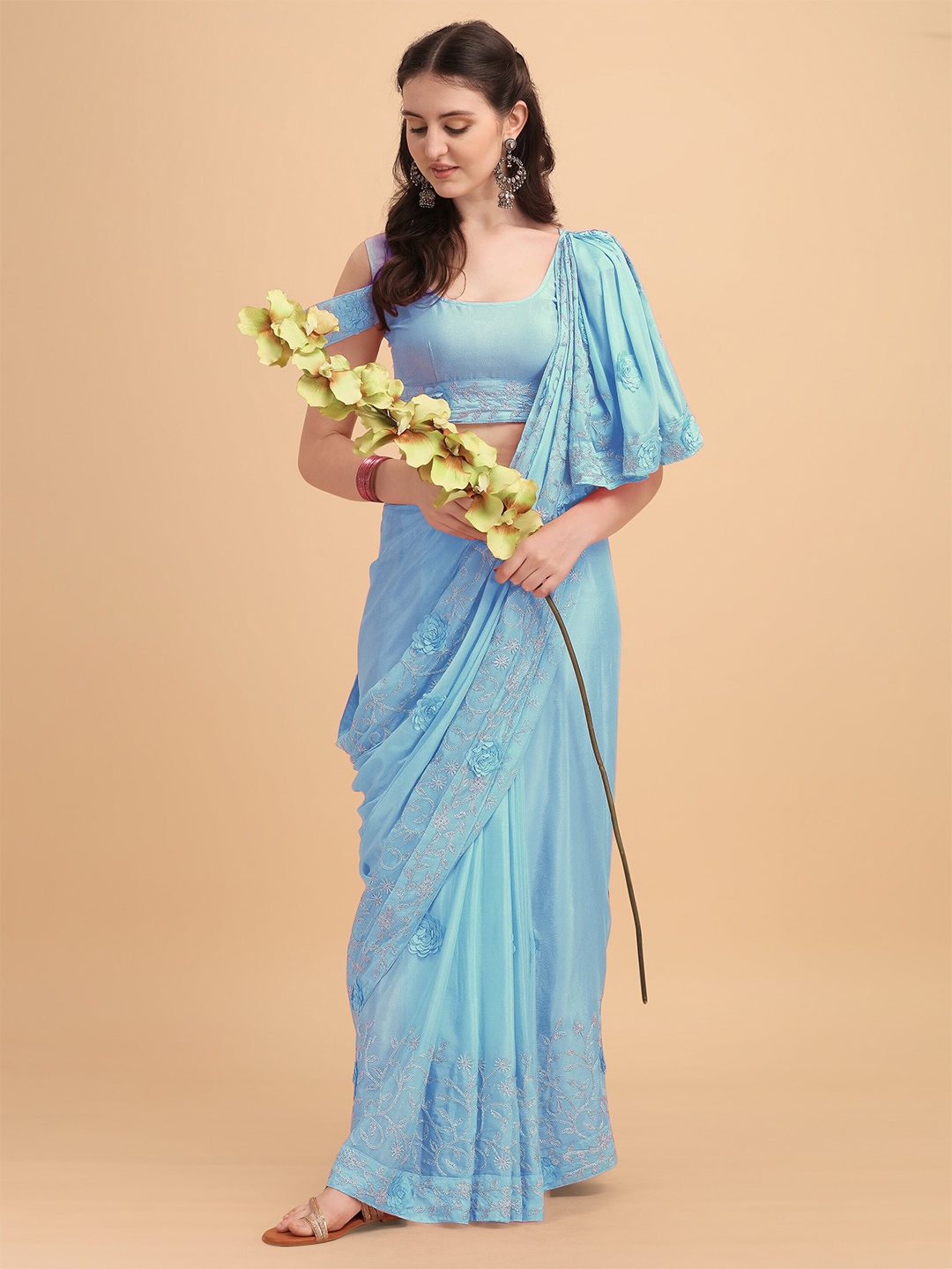 

Sangria Blue Embellished Embroidered Party Wear Saree