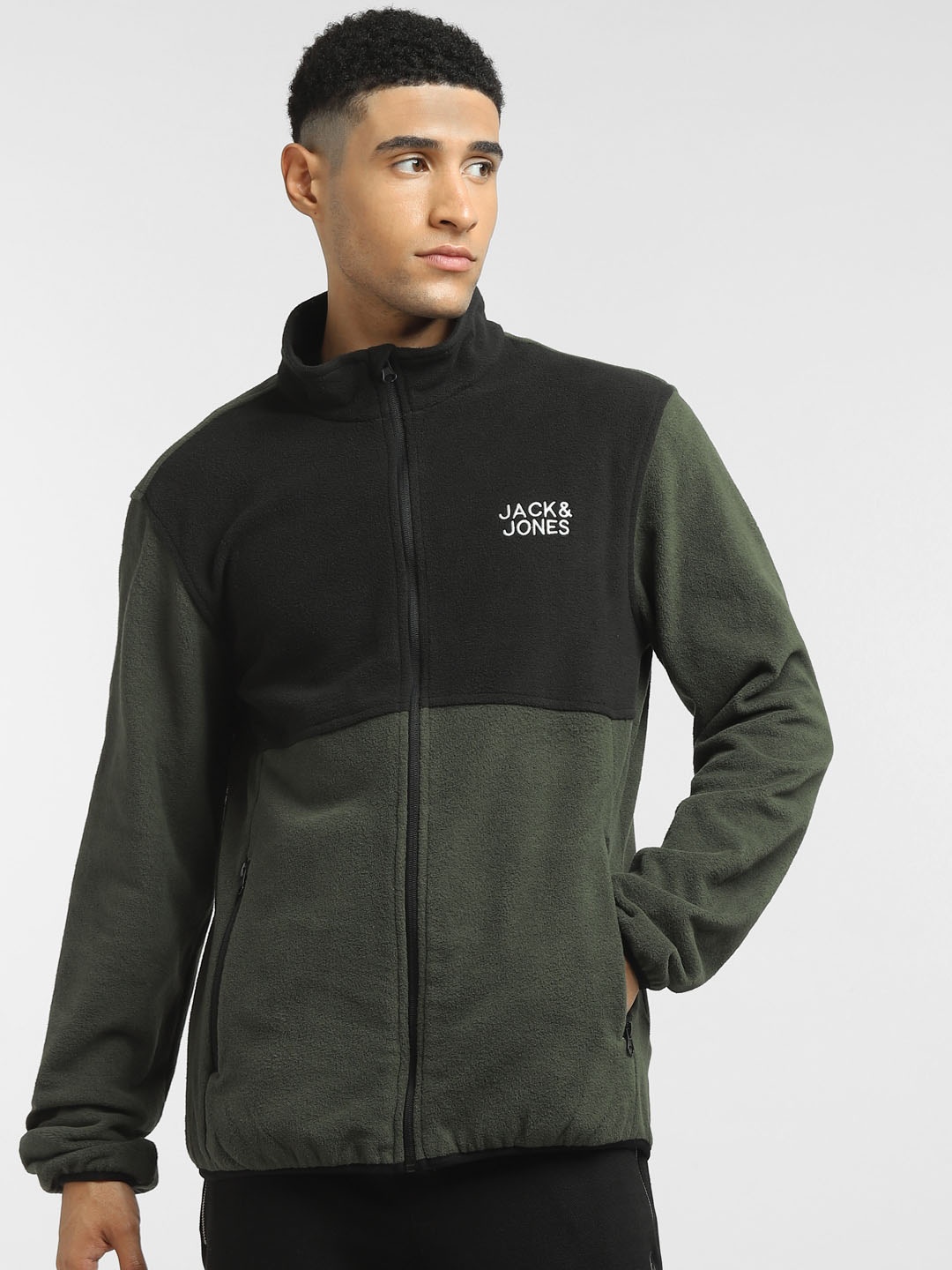 

Jack & Jones Men Green Colourblocked Sporty Jacket with Patchwork