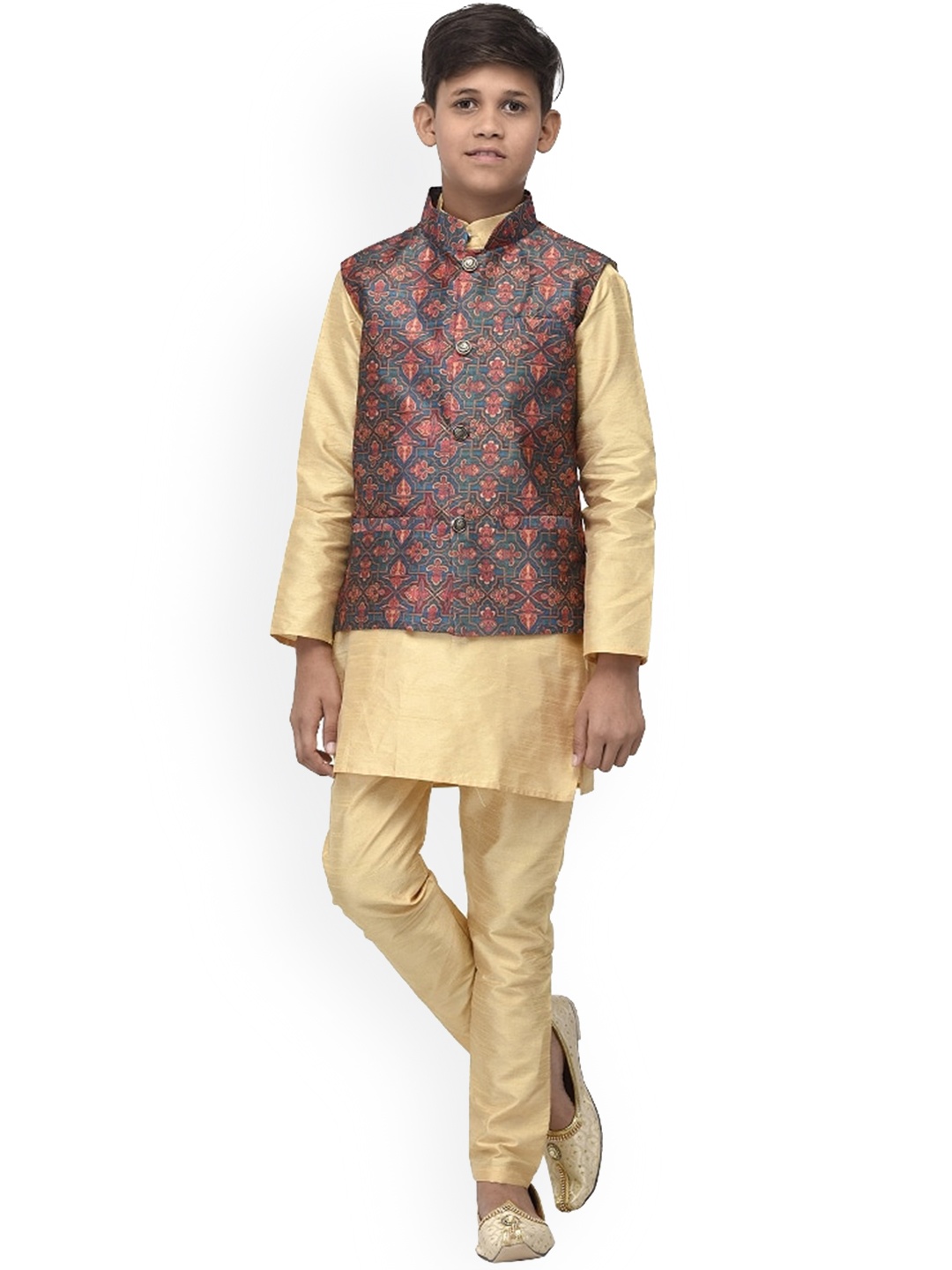 

Benstoke Kids-Boys Gold-Toned Ethnic Motifs Printed Layered Kurta with Pyjamas with Jacket