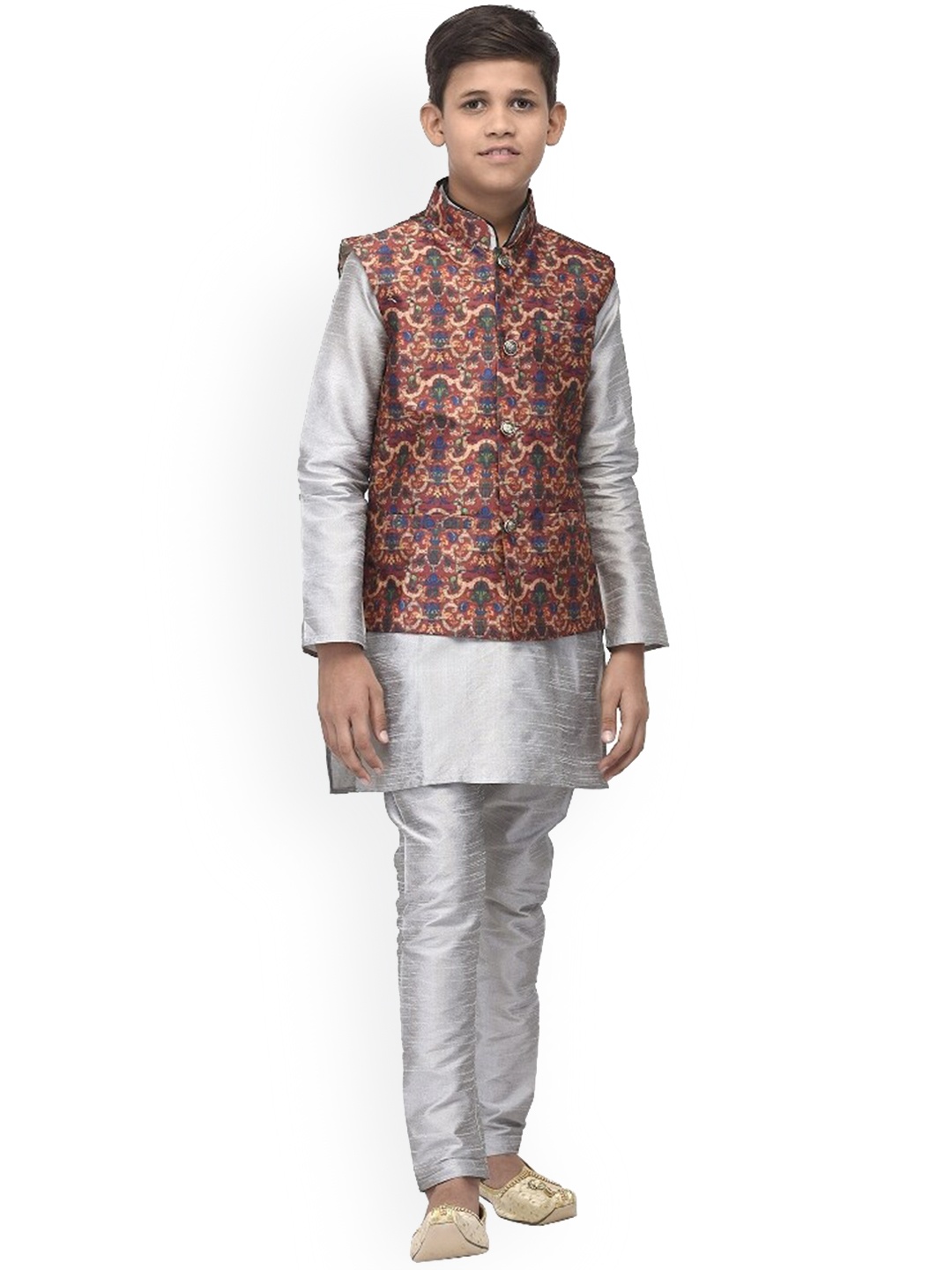 

Benstoke Boys Grey Kurta with Pyjamas with Printed Nehru jacket