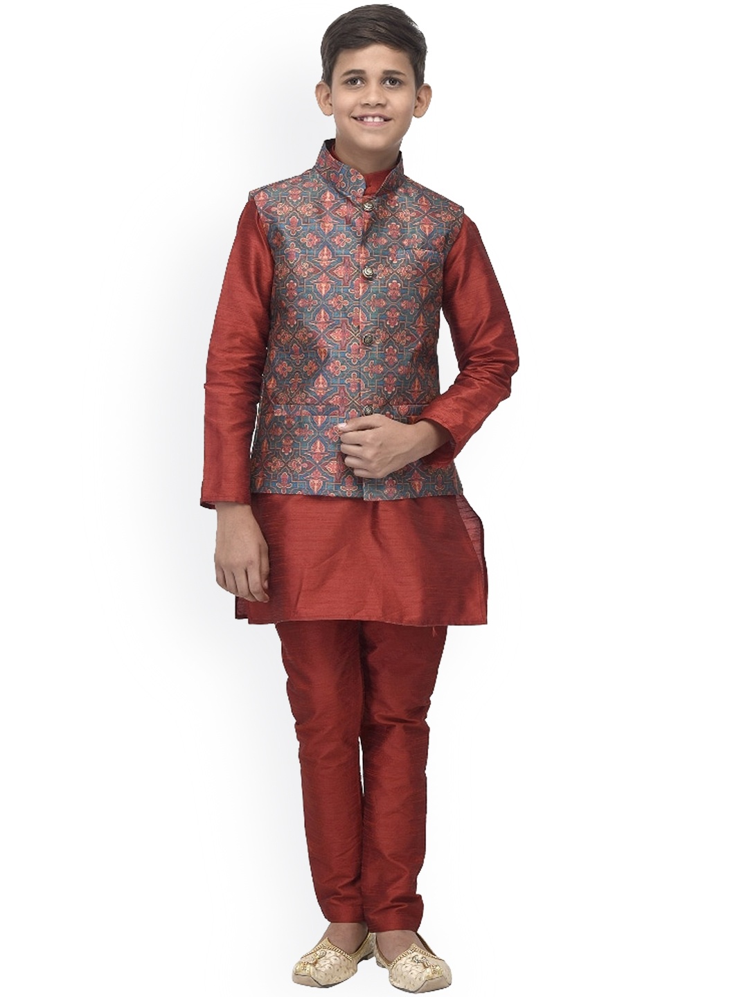 

Benstoke Boys Maroon Silk Blend Kurta with Pyjamas & Waistcoat