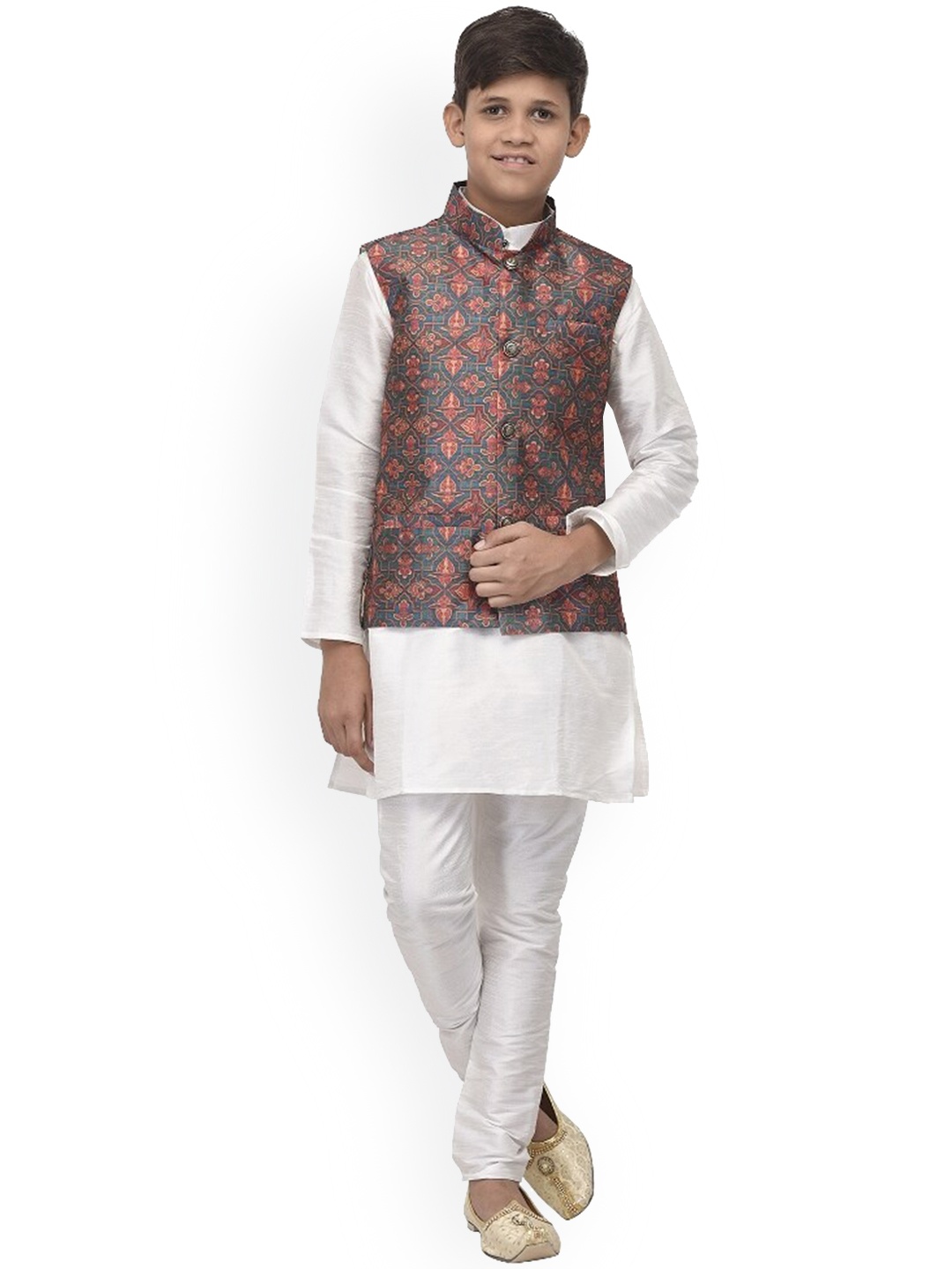 

Benstoke Boys White Ethnic Motifs Kurti Trousers With Nehru Jacket