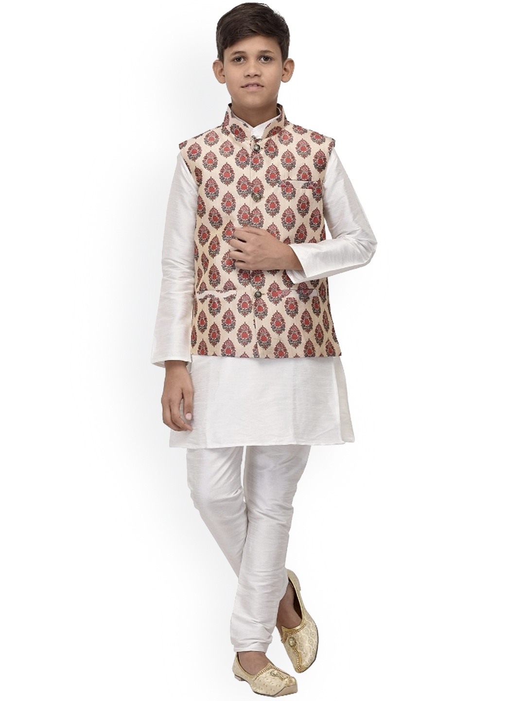 

Benstoke Kids-Boys White Floral Printed Kurta with Churidar and Nehru Jacket